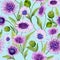 Beautiful blue and purple daisy flowers with green leaves on light blue background. Seamless spring pattern. Watercolor painting.