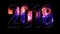 Beautiful blue red purple fireworks through the inscription 2018. Composition for the new 2018 year. Bright fireworks