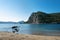 Beautiful blue sea harbor,sandy beach outside Pylos,Peloponnese,Greece, Europe.Mediterranean region.Ionian sea with