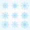 Beautiful blue snowflakes on light background.