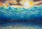 Beautiful blue turquoise underwater world, sea waves, yellow orange sky, white sun, bright nature, reflection of sun rays on the s