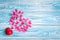 Beautiful blue wooden background with red hearts. Best card for Valentine`s day.