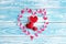 Beautiful blue wooden background with red hearts. Best card for Valentine`s day.