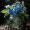 Beautiful Bluebells in a beautiful glass jar on a dark background in the studio. Bouquet of fresh Bluebells flowers on a wooden