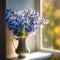 Beautiful Bluebells in a beige ceramic jug on windowsill of old flat. Bouquet of fresh Bluebells flowers by a window. Art