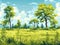 Beautiful Blurred Background Of Spring Nature, A Green Field With Trees And Grass