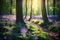 Beautiful blurred spring background nature. Halle forest during springtime, with bluebells carpet. generative AI