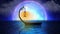 Beautiful boat fantasy in the ocean, the full moon on the sea, night stars, loop animation background.