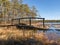 Beautiful bog landscape, curved wooden bridge over ditch