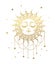 A beautiful bohemian golden sun with a face and closed eyes, adorned with jewels, stars and beads. Hand drawn vintage