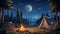 Beautiful bonfire with burning firewood near chairs and camping tent in forest. Generative ai