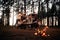 Beautiful bonfire at evening time. Group of friends are together in the forest