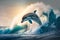 Beautiful bottlenose Dolphin jumping over breaking waves, Generative AI