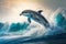 Beautiful bottlenose Dolphin jumping over breaking waves, Generative AI