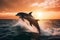 Beautiful bottlenose dolphins jumping out of sea at sunset Generative AI.