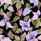 Beautiful bougainvillea flowers on climbing twigs on black background. Seamless floral pattern. Watercolor painting.