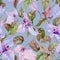 Beautiful bougainvillea flowers on climbing twigs on blue background. Seamless floral pattern. Watercolor painting.