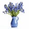 Beautiful bouquet of bluebells in blue ceramic vase on white background. Bouquet of fresh bluebells flowers in a vase. Art