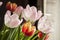 Beautiful bouquet of colorful tulip blossoms in daylight