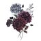 Beautiful bouquet composition with watercolor dark blue, red and black dahlia hydrangea flowers. Stock illustration.