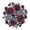 Beautiful bouquet composition with watercolor dark blue, red and black dahlia hydrangea flowers. Stock illustration.