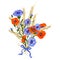 Beautiful bouquet of cornflowers, poppies and wheat spikelets, tied with silk ribbon