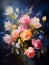 A beautiful bouquet of flowers on a dark dramatic background. Oil painting in impressionism style. Vertical composition