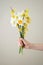 Beautiful bouquet of fresh yellow flowers of daffodils in the hand of a young woman on a gray background, close-up. Vertically