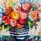 Beautiful bouquet of garden flowers in striped vase. Oil painting in boho style, semi abstract, generative AI