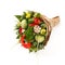 Beautiful bouquet of juicy vegetables such as pumpkin, pepper, garlic, bay leaf on a white background