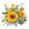 Beautiful bouquet of large flowers and sunflower leaves, watercolor illustration