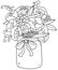 Beautiful bouquet with peonies, roses, daisies, lilacs. Romantic picture. Print Black-white bouquet. Coloring book for children an