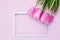 Beautiful bouquet of pink tulips and white horizontal frame on pink background. Flatlay. Close-up. Top view. Copy space