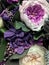 Beautiful bouquet of preserved flowers hydrangea, eucalyptus, purple and white peony roses. Dried flowers. Bouquet of spring