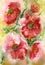 Beautiful bouquet of red poppy flowers with leaves on blurred background. Watercolor painting