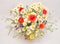 Beautiful bouquet of wild flowers daisies, poppies and consolida regalis in a vase on white background