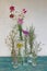 Beautiful bouquet of wildflowers in a variety of bottles on a white background.  Beige furry spikes, gray wormwood, bright daisies