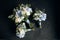 Beautiful bouquets of white and blue flowers on a dark background