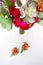 Beautiful boutonnieres of the groom from orchids and dried flowers. Wedding decorations. Floristics. Soft selective focus