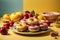 beautiful box of donuts on the yellow solid background.