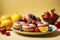 beautiful box of donuts on the yellow solid background.