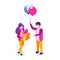 Beautiful boyfriend is presenting a gift to her handsome girl and smiling. Ballon and gift box. Vector isometric