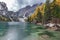 The beautiful Braies lake in late autumn, pearl of the Dolomite, UNESCO heritage