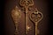 beautiful brass vintage keys with ornament on dark brown background