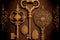 beautiful brass vintage keys with ornament on dark brown background