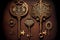 beautiful brass vintage keys with ornament on dark brown background