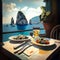 Beautiful breakfast on terrace over Italian lake on a sunny bright day