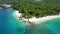 Beautiful Brela on Makarska riviera, Croatia. Adriatic Sea with amazing turquoise clean water and white sand. Aerial view of Brela