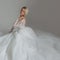 Beautiful bride in luxurious wedding dress, sitting in circle long skirts. White background, top view