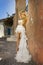 The beautiful bride in a wedding dress on Santorini in Greece.